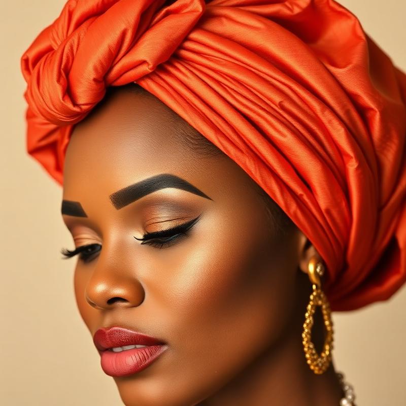 Intricately tied coral and gold gele on a Nigerian woman