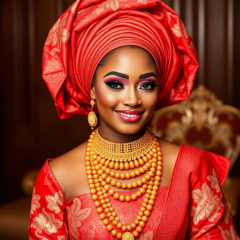 Nigerian traditional wedding bride in coral and gold with bold glam and gele