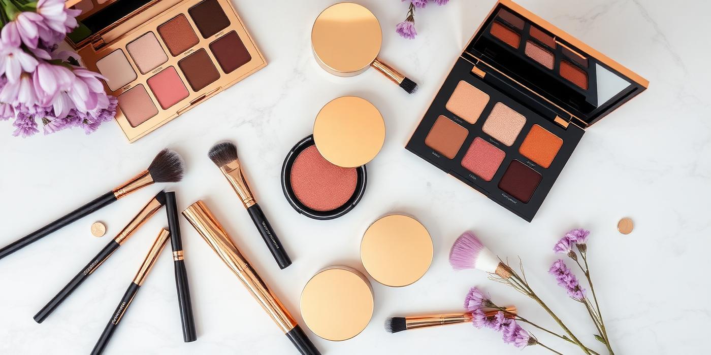 Luxury makeup tools and studio details arranged on marble